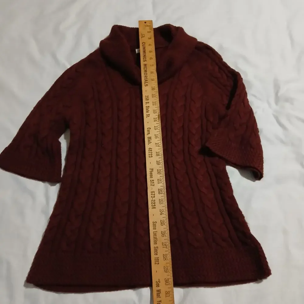 Coldwater Creek L (14/16) Maroon Cable Knit Cowl Neck Wool Blend Tunic Sweater